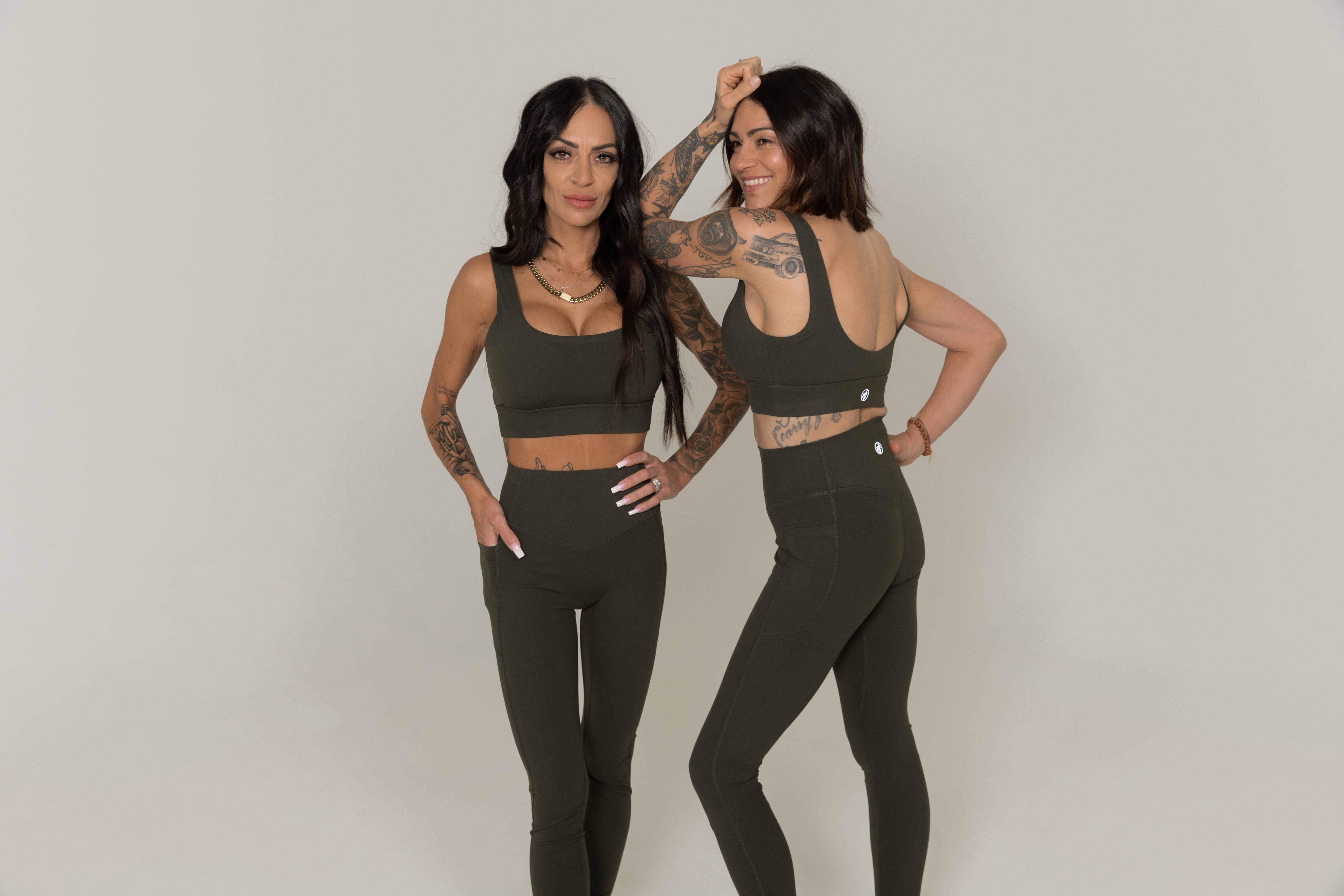 Tactical green high waisted leggings with pockets women moisture wicking activewear