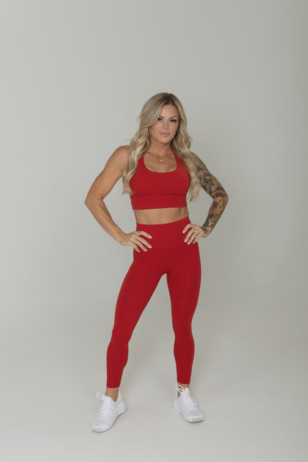 Red high waisted sculpt leggings women moisture wicking activewear set
