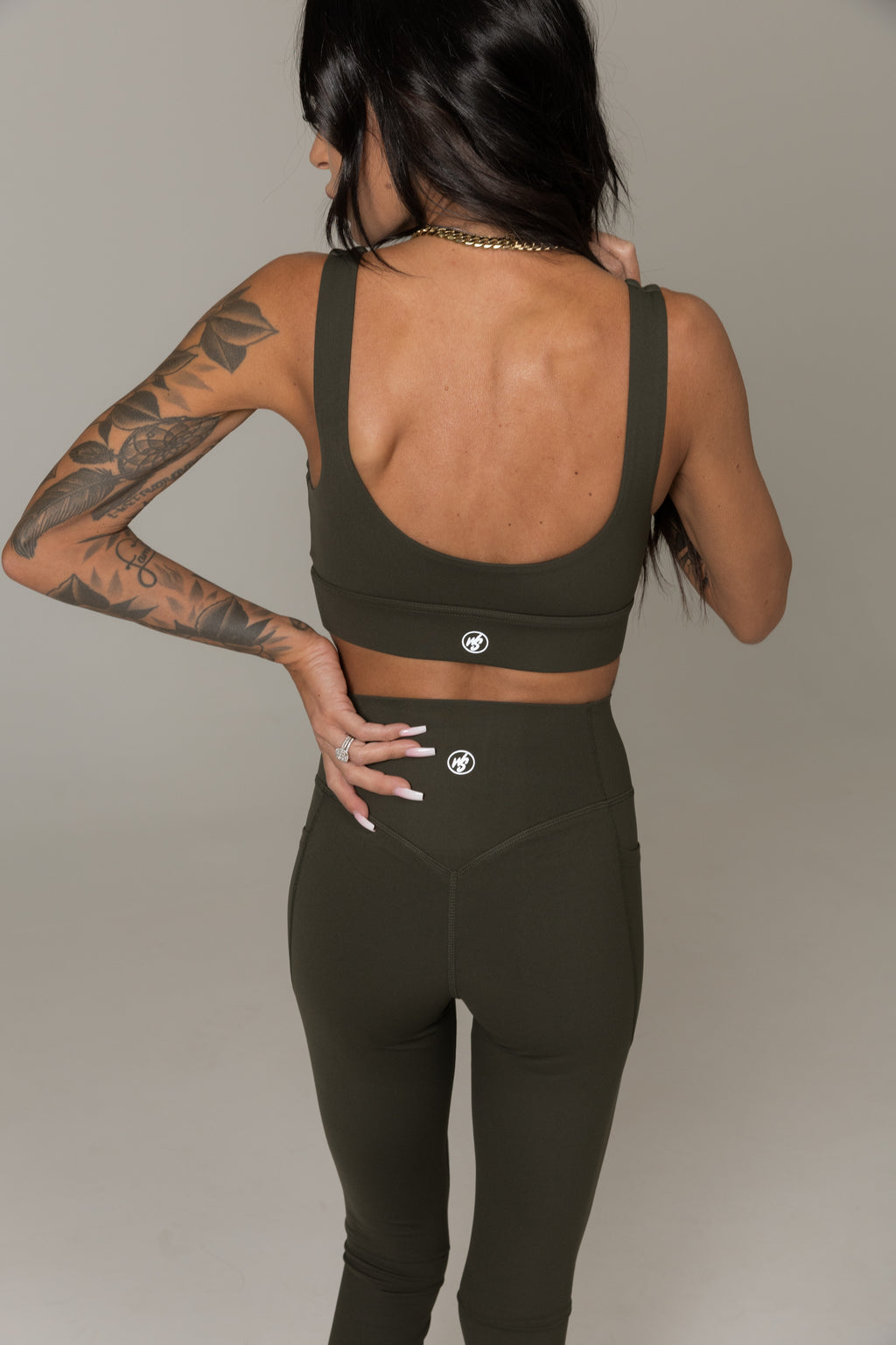 Tactical green high waisted leggings with pockets women moisture wicking activewear