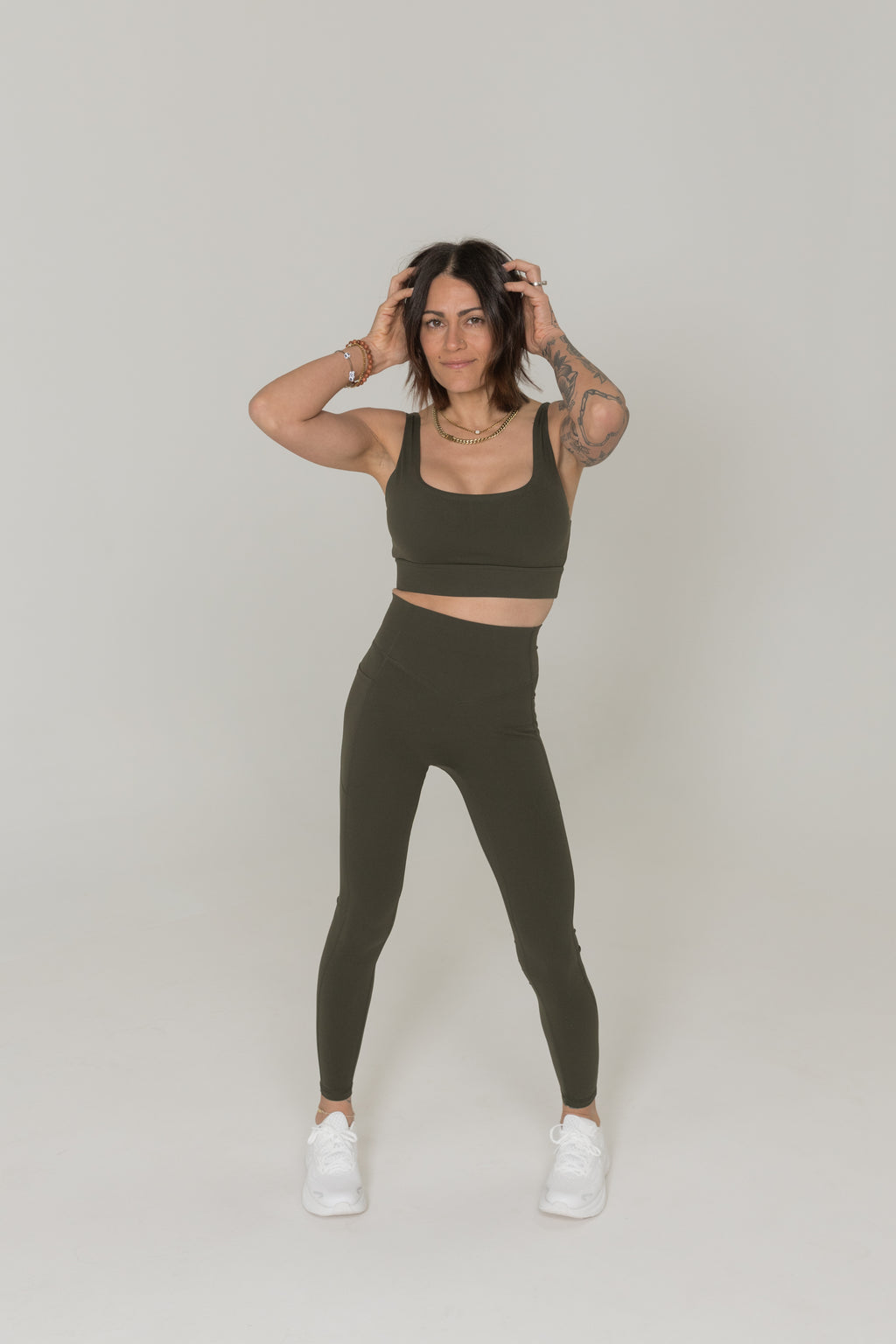 Tactical green high waisted leggings with pockets women moisture wicking activewear