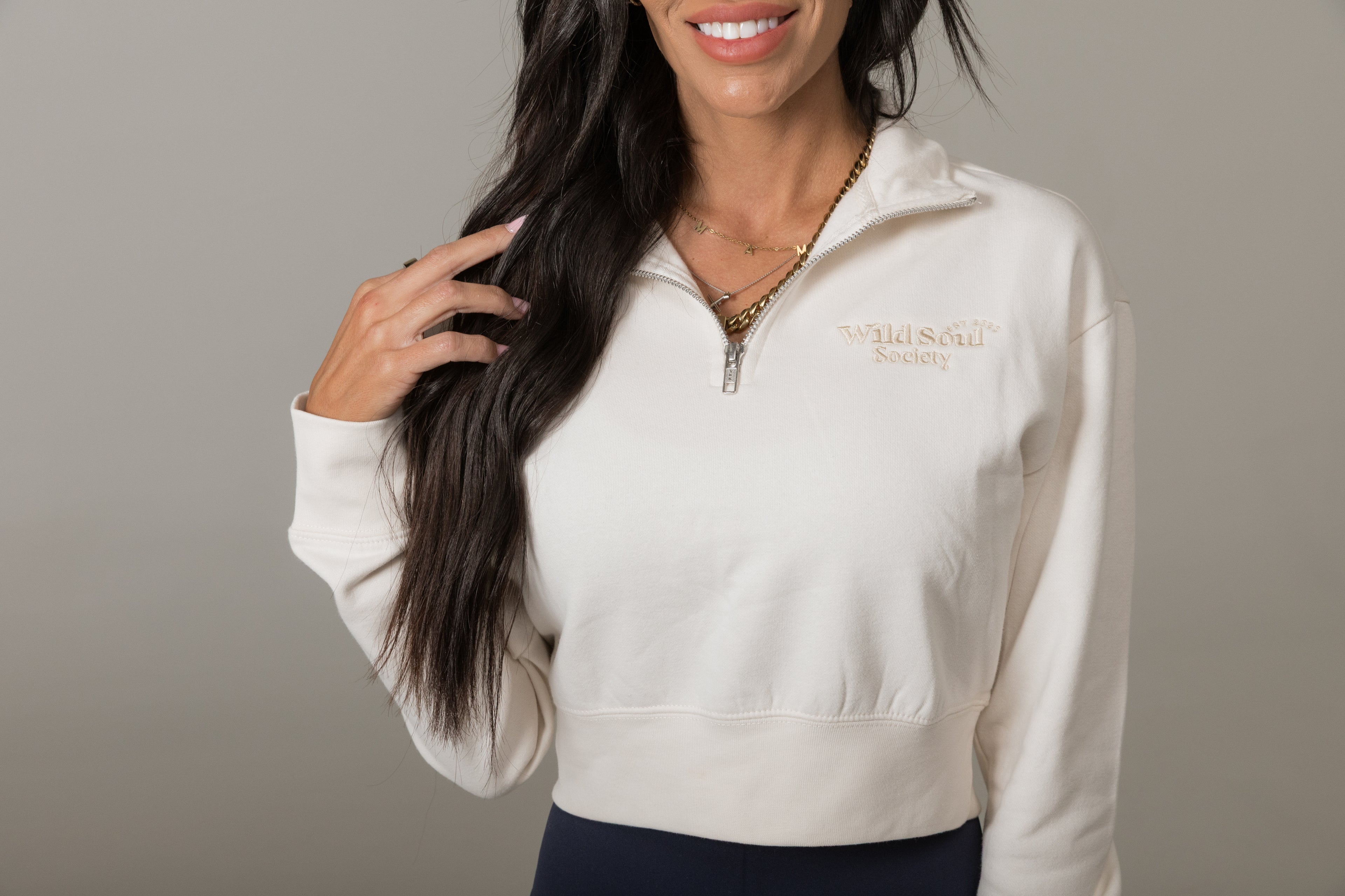 Cream cropped quarter zip pullover women athleisure outfit